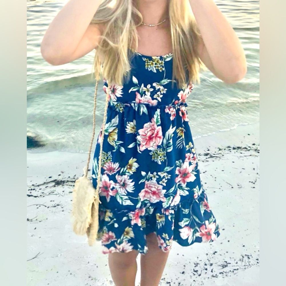 Blue and pink floral empire waist ruffle sundress size XS
